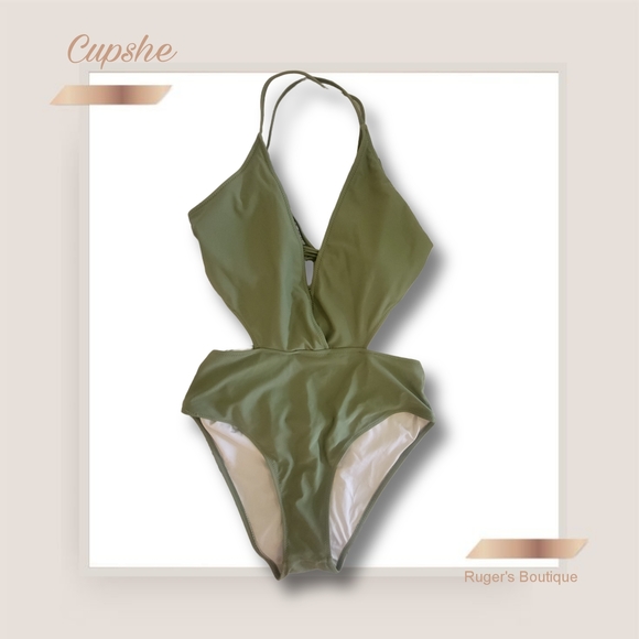 🌿Cupshe Women's Large Olive Green She's The Man Halter One Piece Swimsuit - Picture 3 of 11